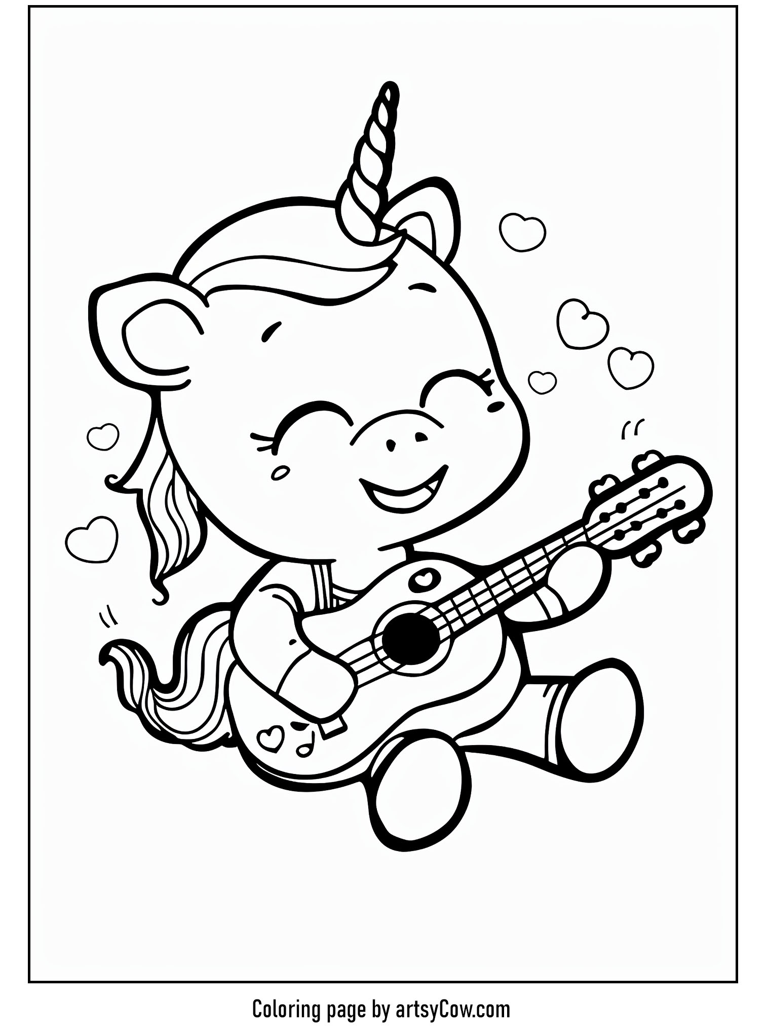 a joyful unicorn playing a guitar surrounded by hearts